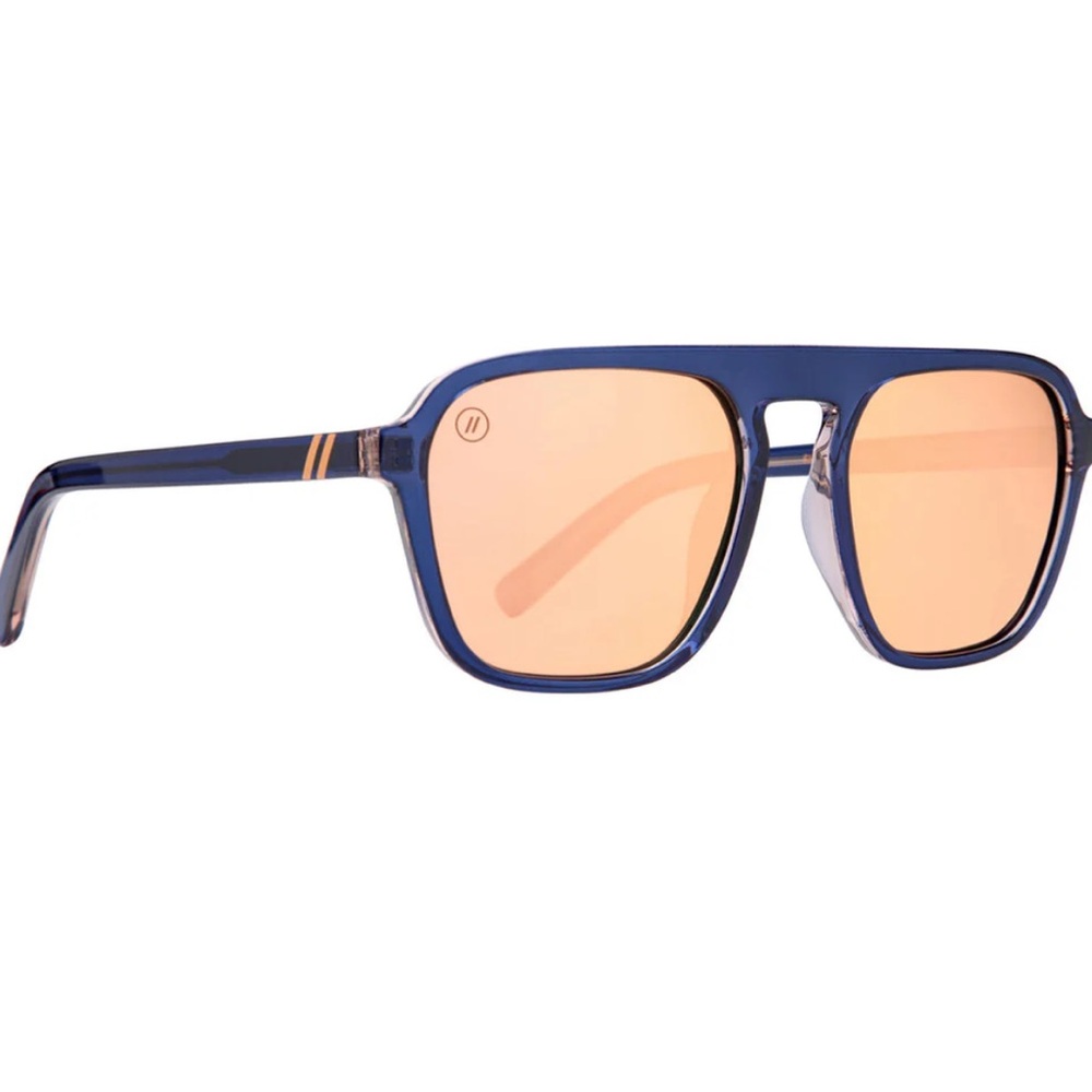 Men's Blue Frame Sunglasses with Peach Lenses - Modern Rectangular Shades